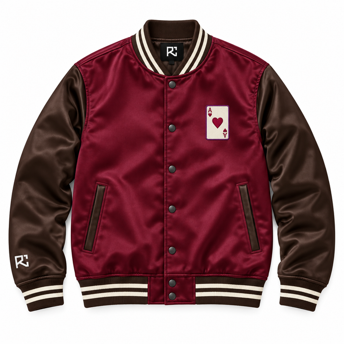 Front design preview of the Riz Core Ace of Hearts varsity jacket in burgundy and brown