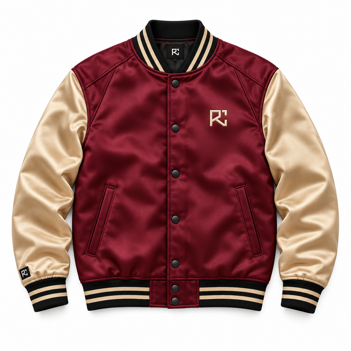 Front design preview of the Riz Core Champagne Forge varsity jacket in burgundy and gold