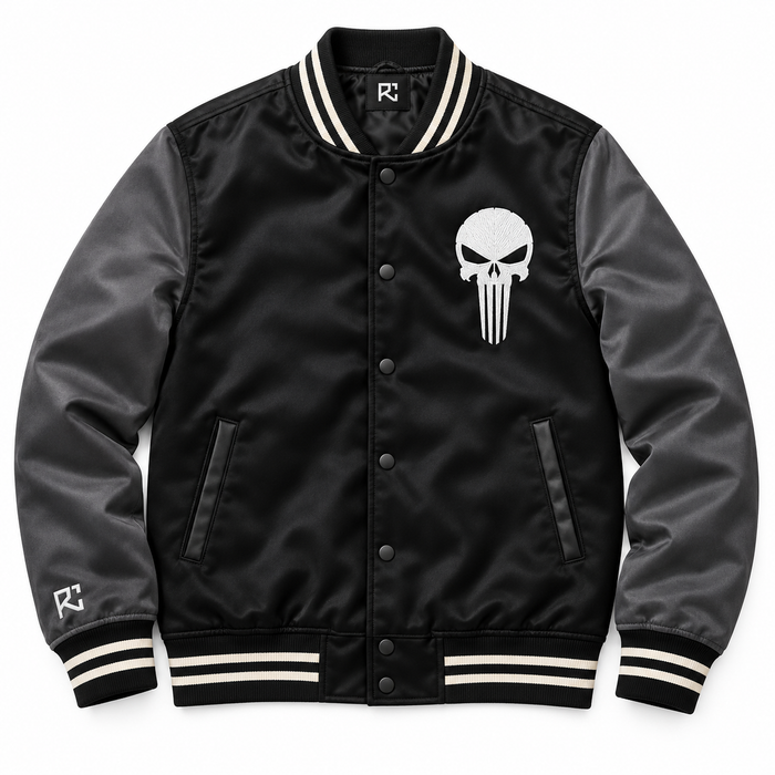 Front design preview of the Riz Core Ashen Skull varsity jacket in black and charcoal