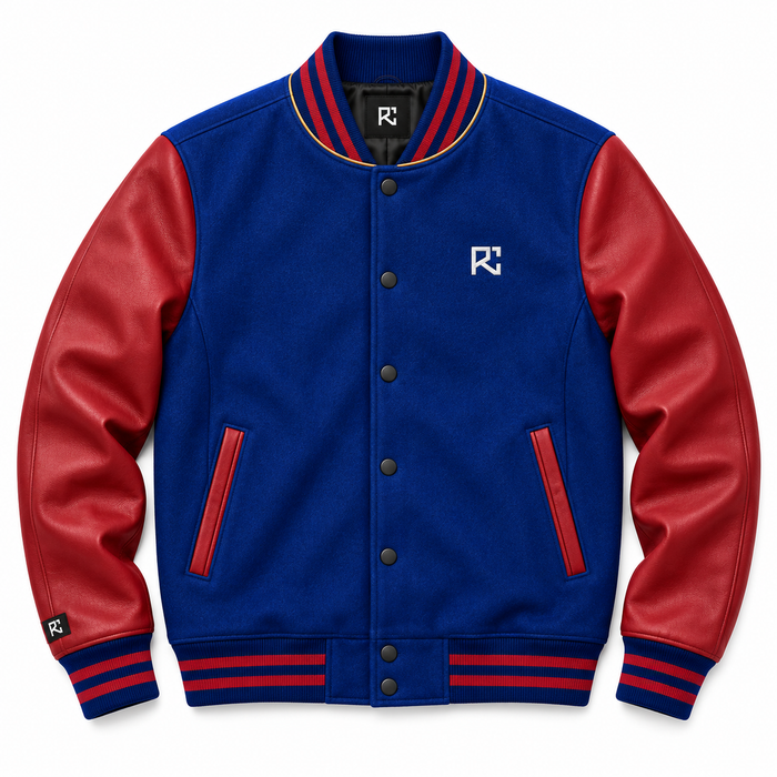 Front design preview of the Riz Core Cobalt Crimson varsity jacket in blue and crimson