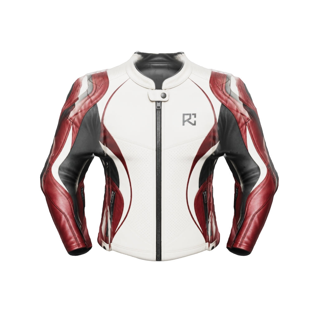 Riz Core Corsa motorcycle jacket — improved approximate 3D design preview (v2), not a fit model