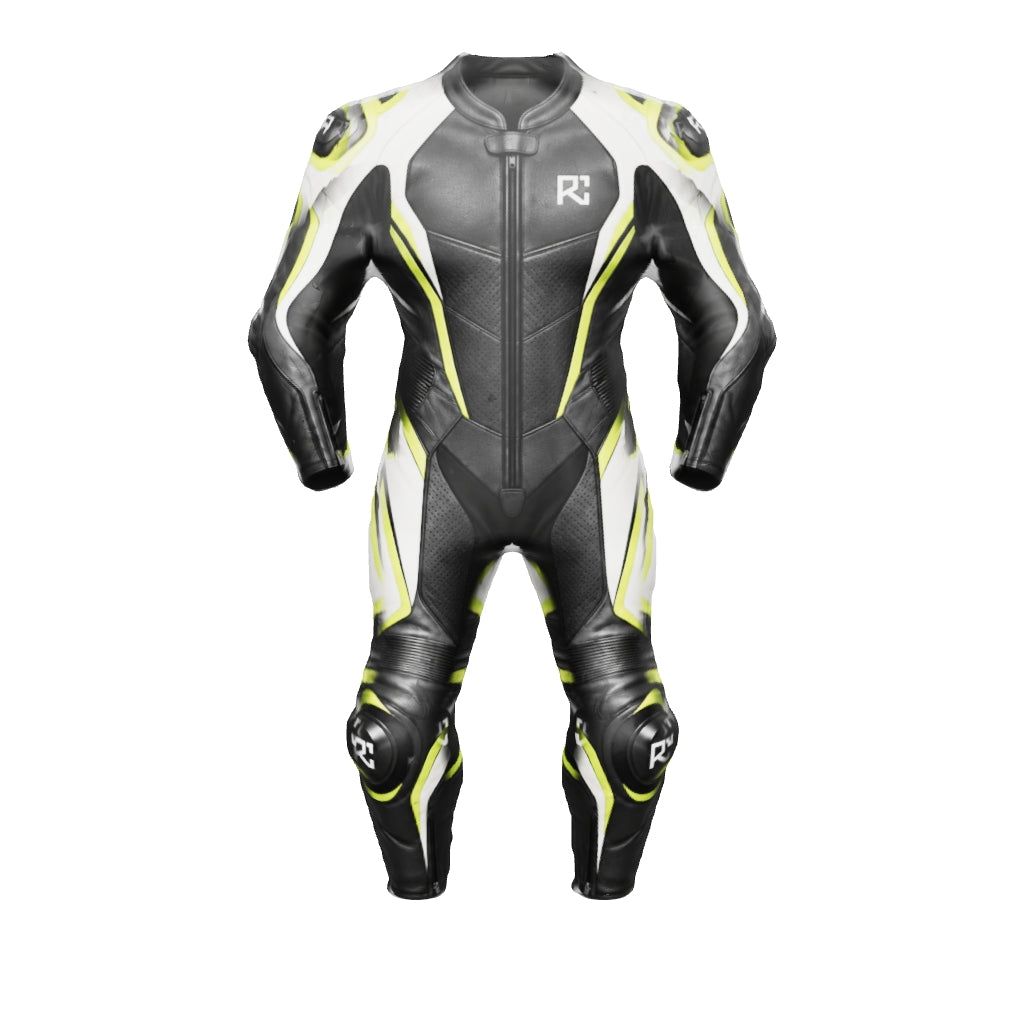 Riz Core Pulse motorcycle suit — improved approximate 3D design preview (v2), not a fit model