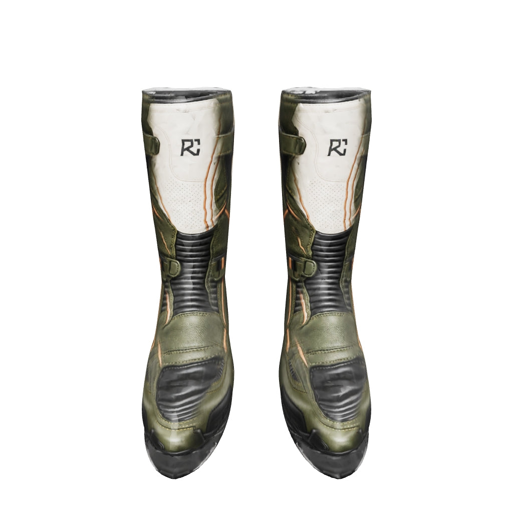 Riz Core Strada motorcycle boots — improved approximate 3D design preview (v2), not a fit model