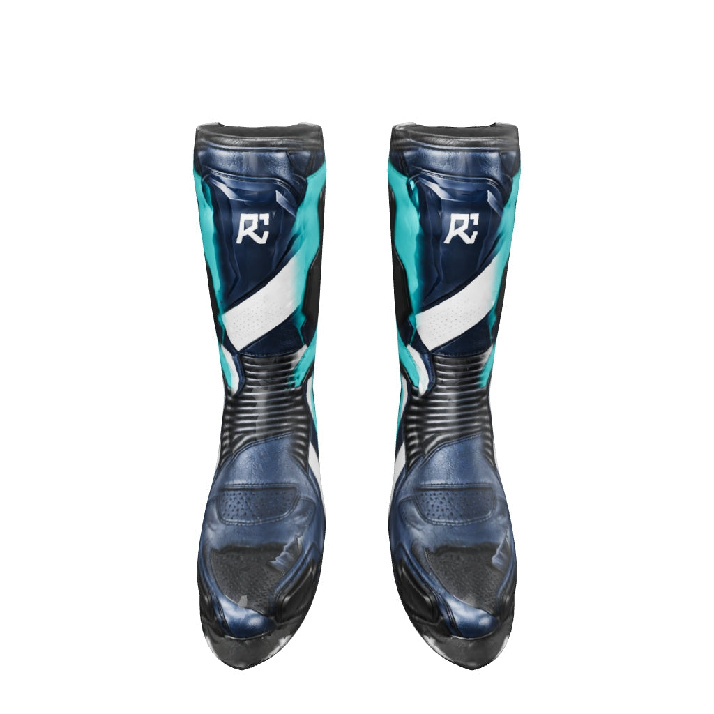 Riz Core Vector motorcycle boots — improved approximate 3D design preview (v2), not a fit model