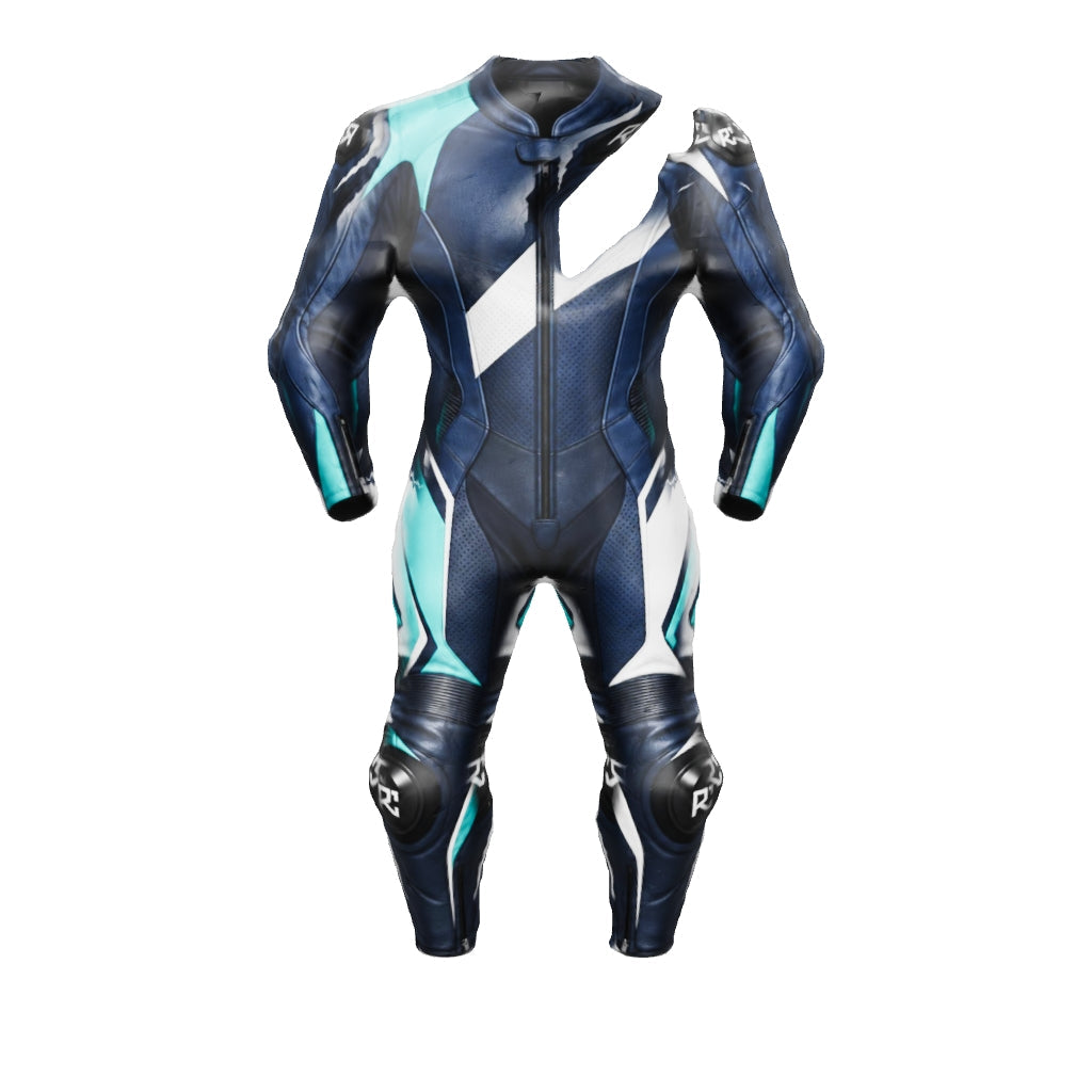 Riz Core Vector motorcycle suit — improved approximate 3D design preview (v2), not a fit model