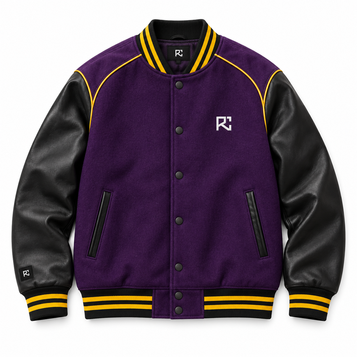 Front design preview of the Riz Core Violet Amber varsity jacket in purple and black
