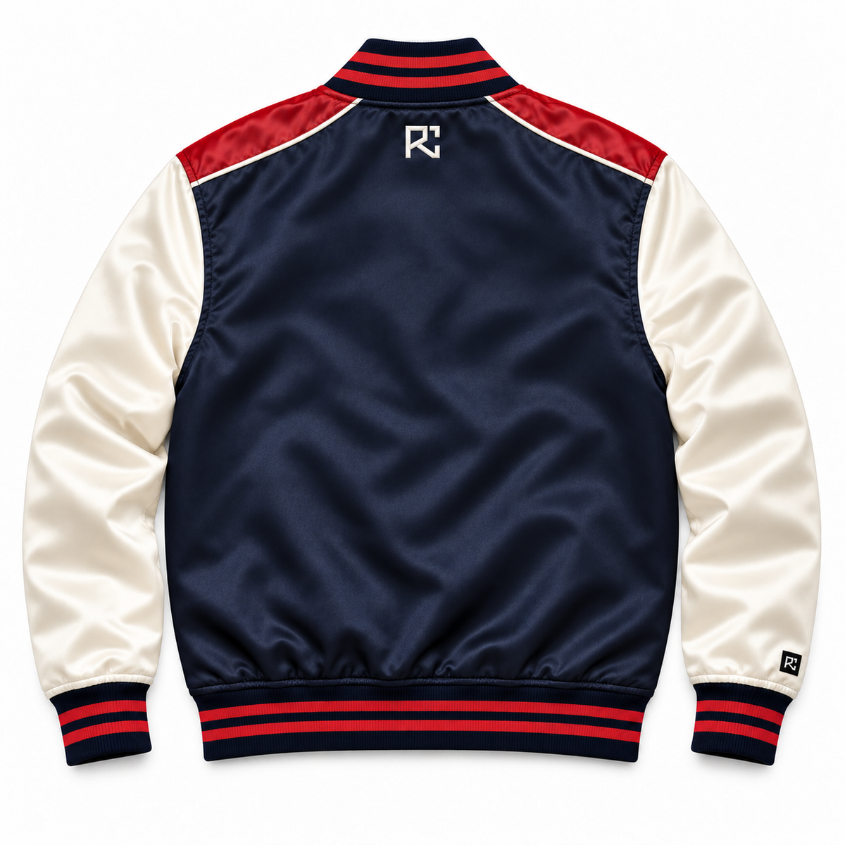 Back design preview of the Riz Core Ivory Yoke varsity jacket in navy and ivory