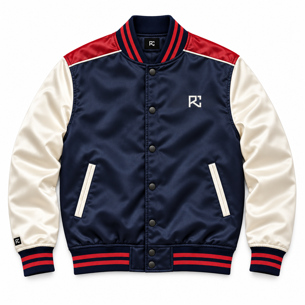 Front design preview of the Riz Core Ivory Yoke varsity jacket in navy and ivory