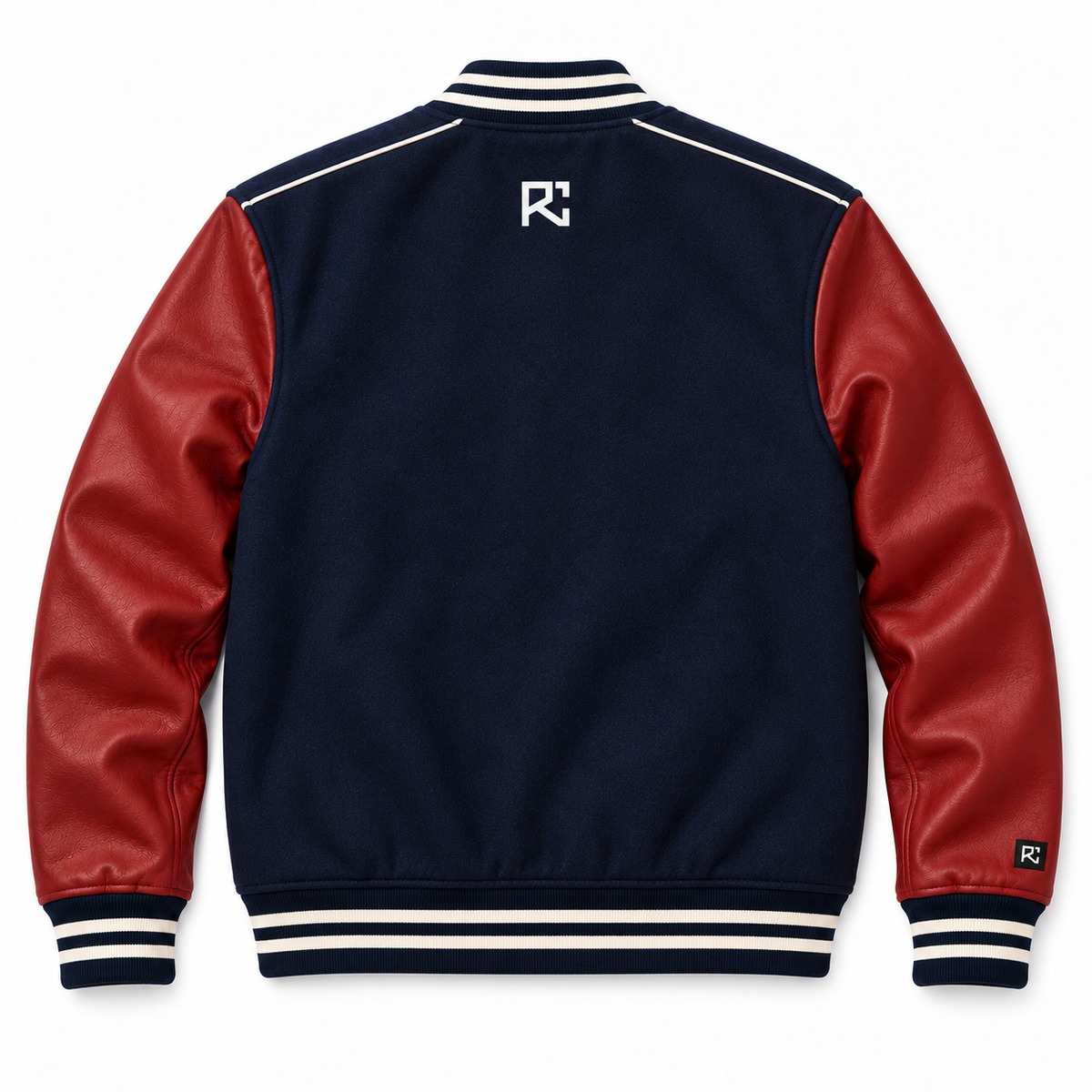 Back design preview of the Riz Core Heritage Yoke varsity jacket in navy and red