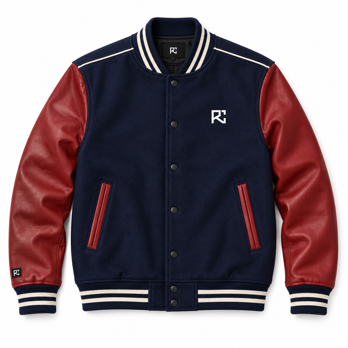 Front design preview of the Riz Core Heritage Yoke varsity jacket in navy and red