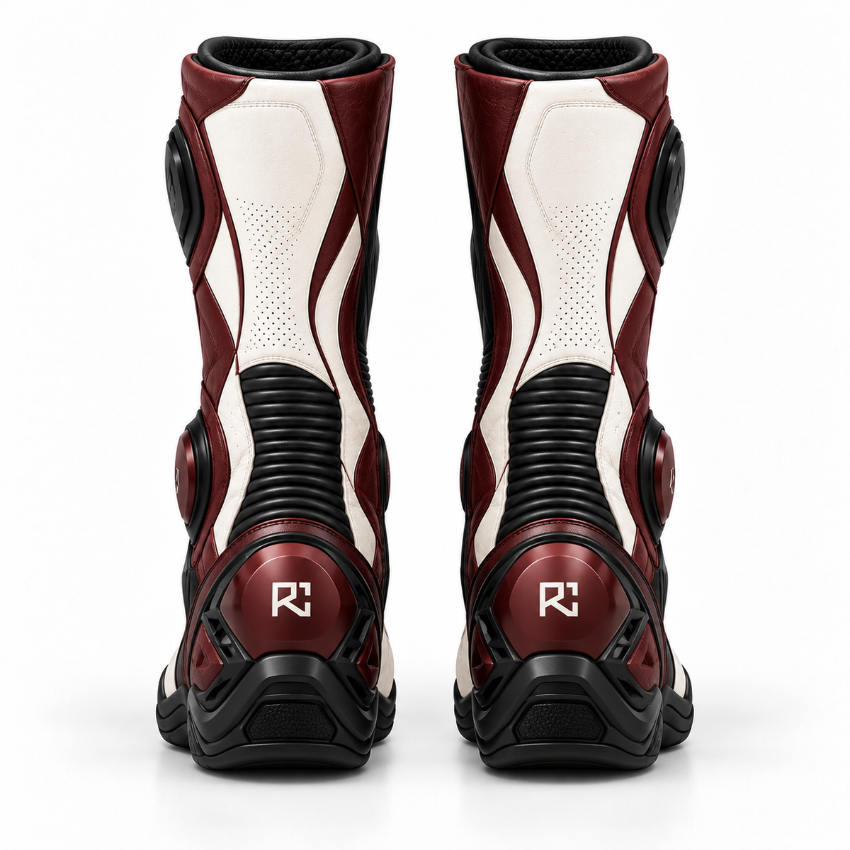Riz Core Corsa motorcycle boots in Pearl & Burgundy, back design preview