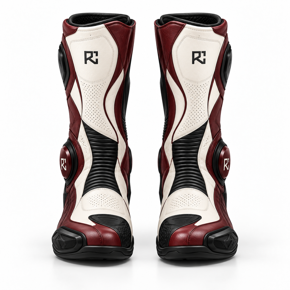Riz Core Corsa motorcycle boots in Pearl & Burgundy, front design preview