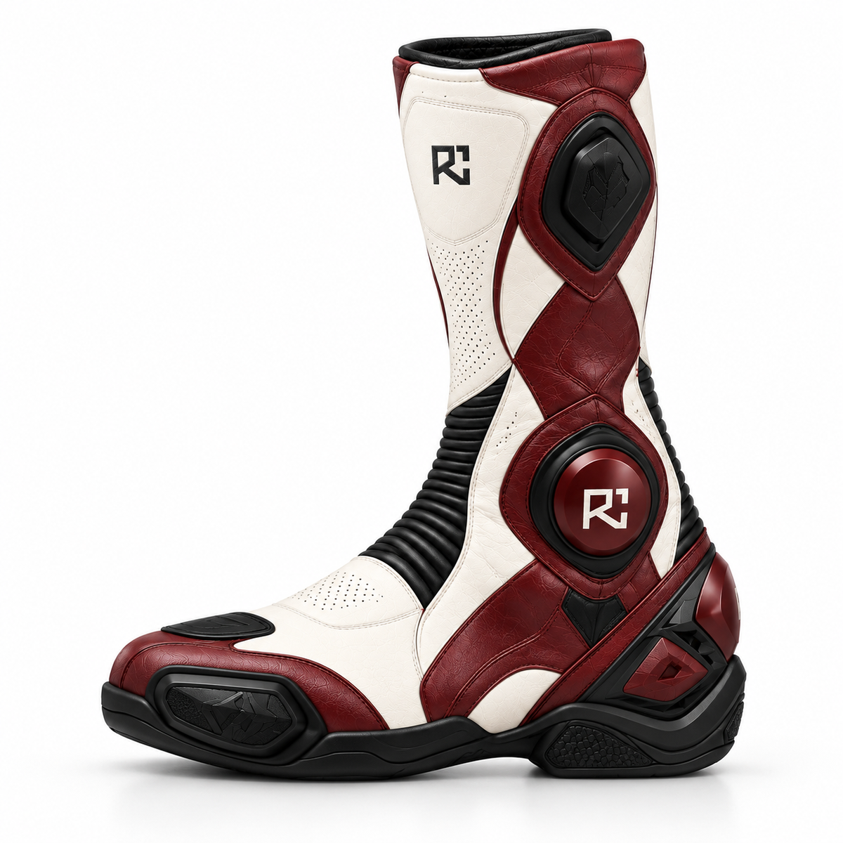 Riz Core Corsa motorcycle boots in Pearl & Burgundy, side design preview