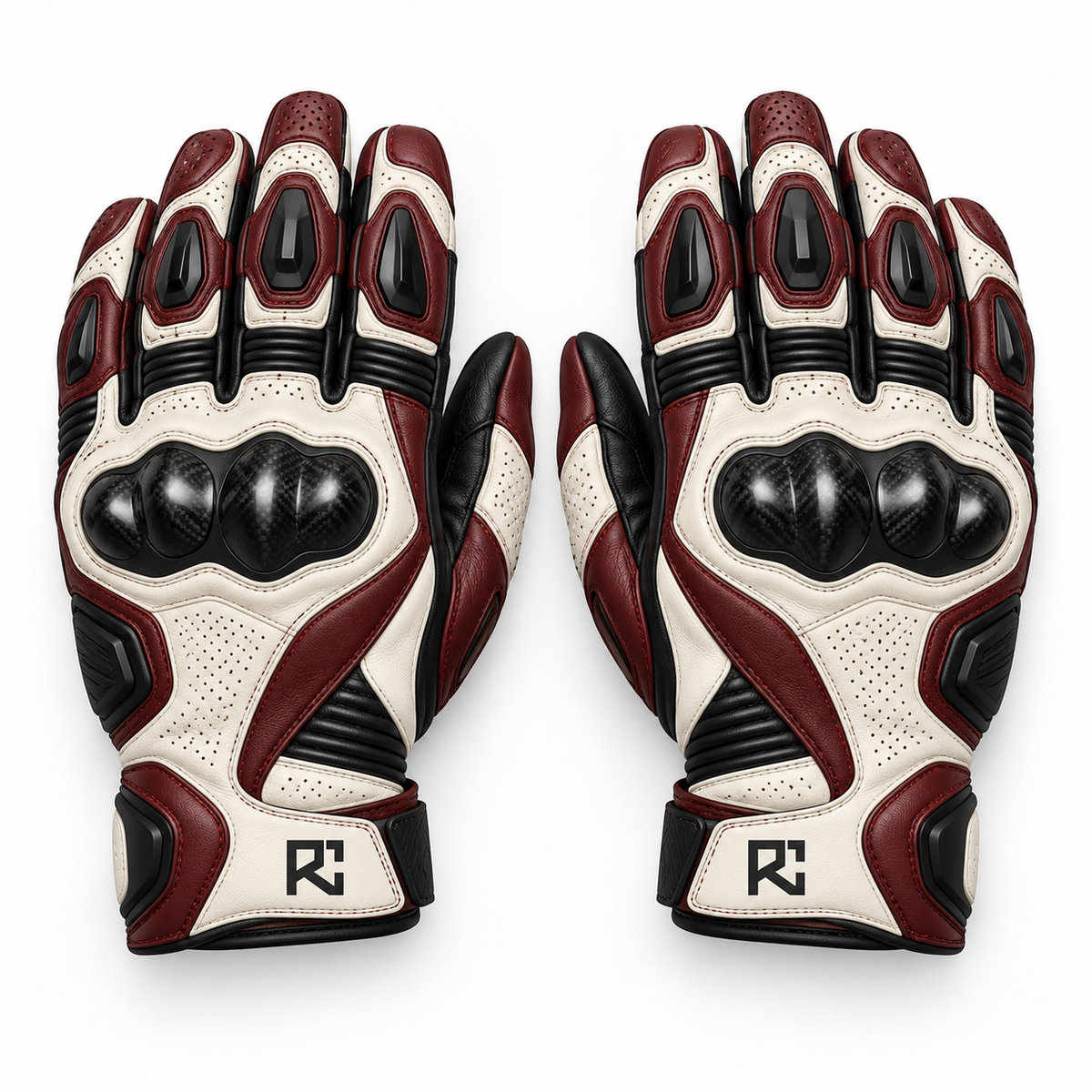 Riz Core Corsa motorcycle gloves in Pearl & Burgundy, knuckle design preview