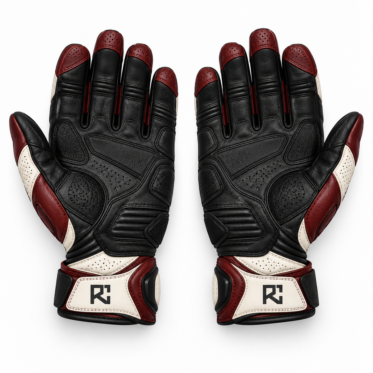 Riz Core Corsa motorcycle gloves in Pearl & Burgundy, palm design preview