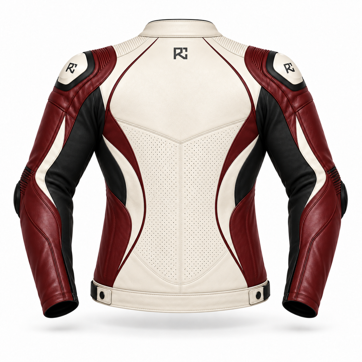 Riz Core Corsa motorcycle jacket in Pearl & Burgundy, back design preview