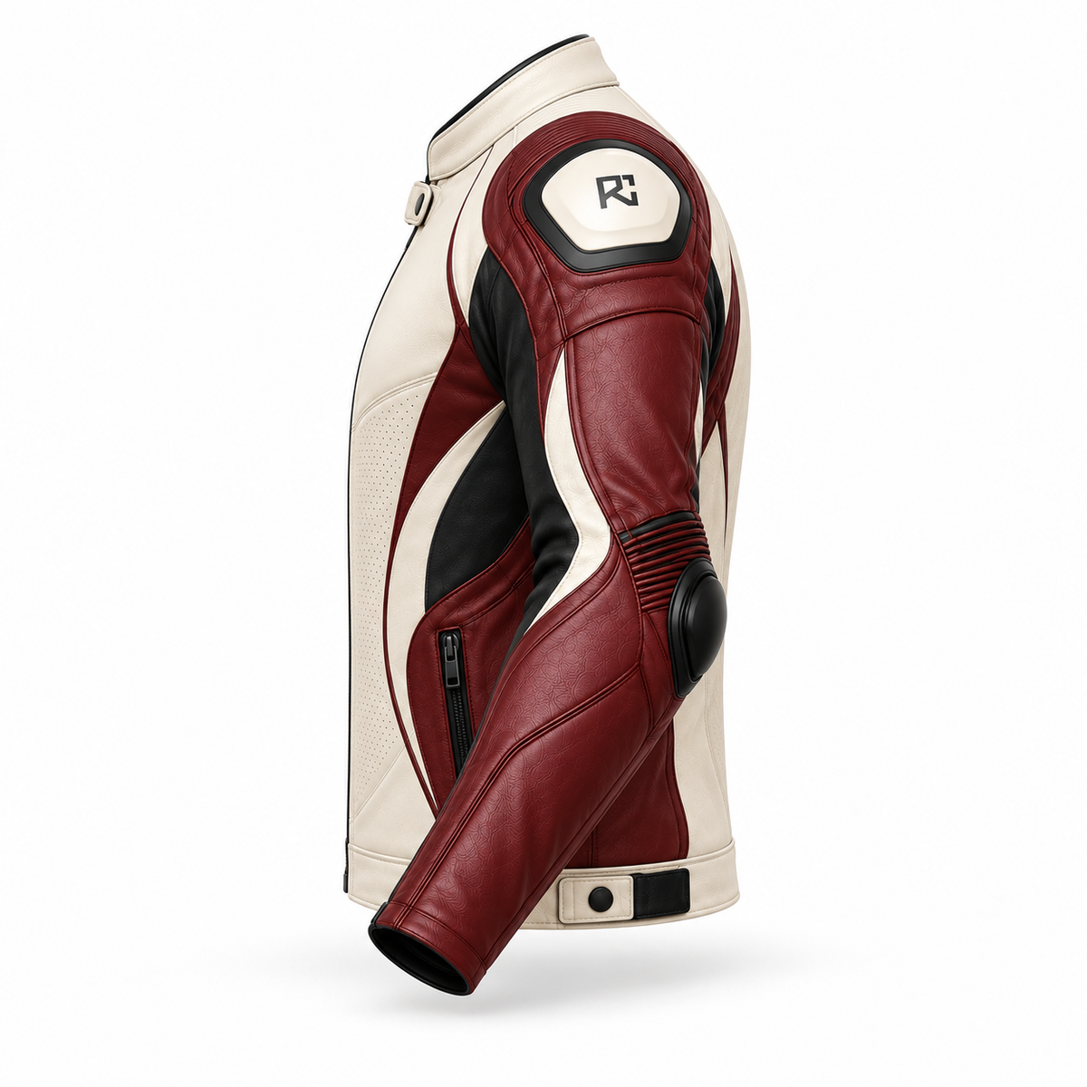 Riz Core Corsa motorcycle jacket in Pearl & Burgundy, side design preview