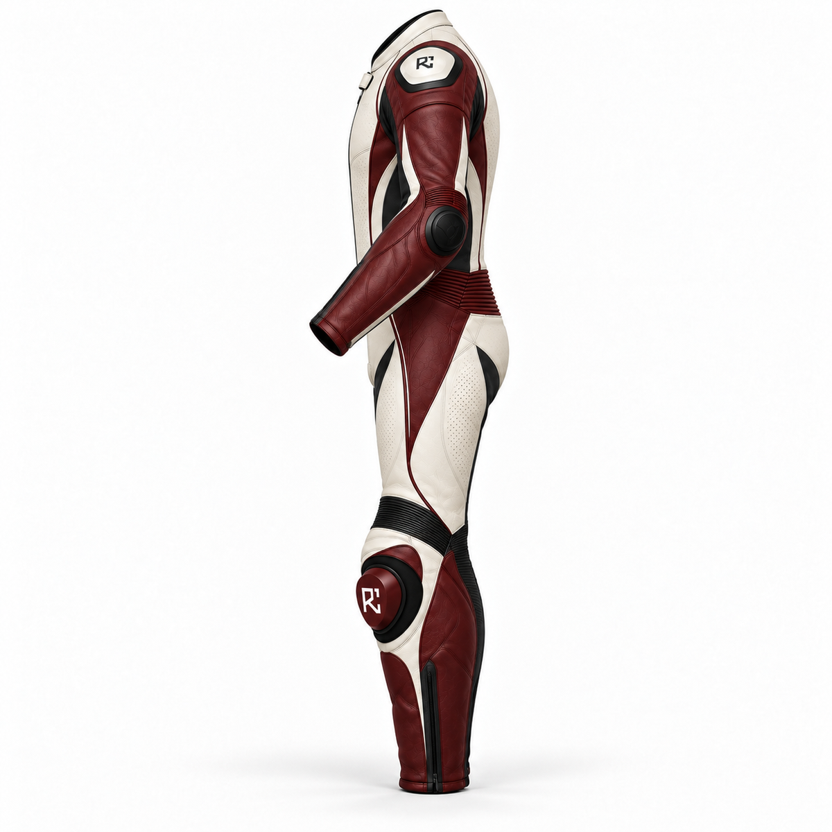 Riz Core Corsa motorcycle suit in Pearl & Burgundy, side design preview