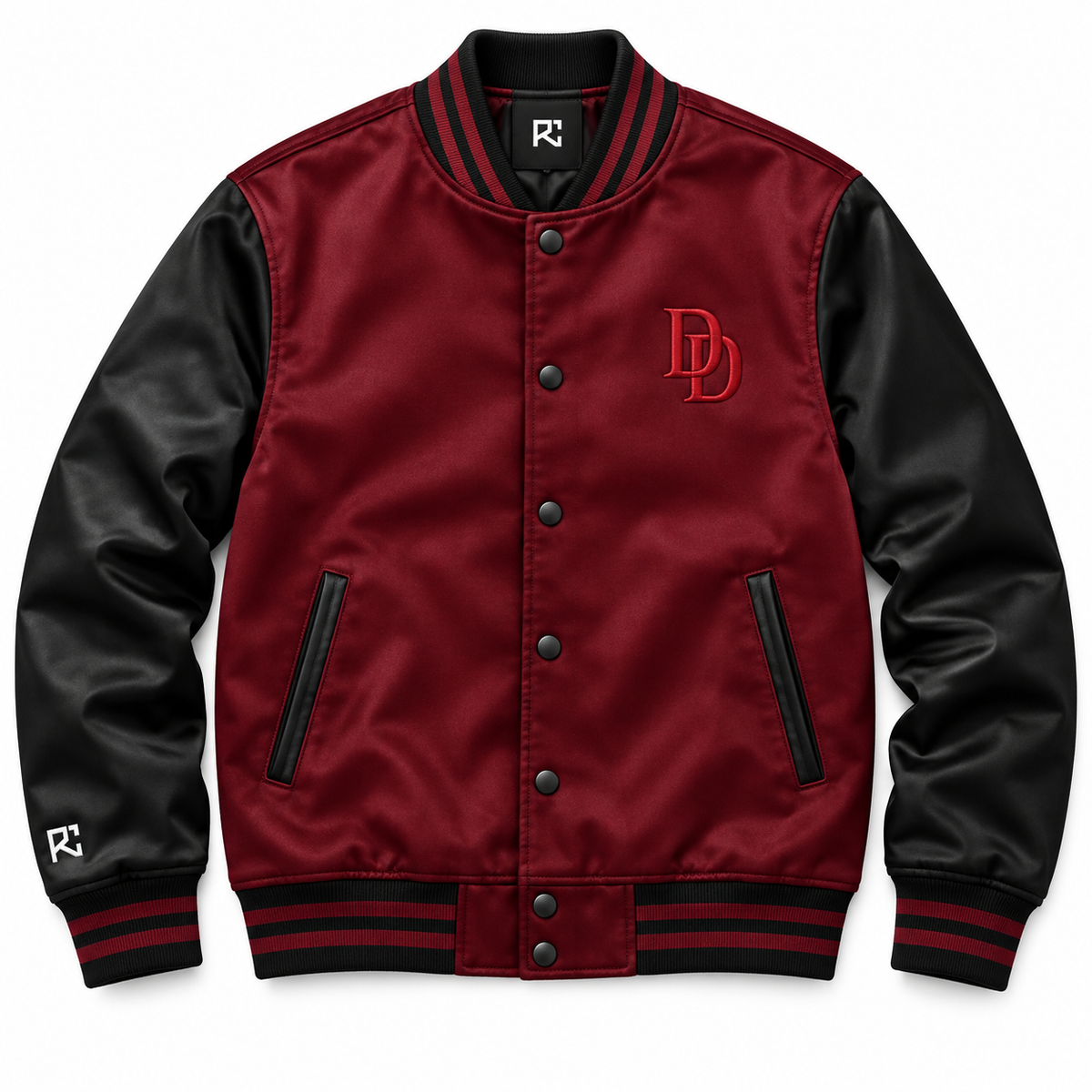 Front design preview of the Riz Core Garnet Guard varsity jacket in burgundy and black