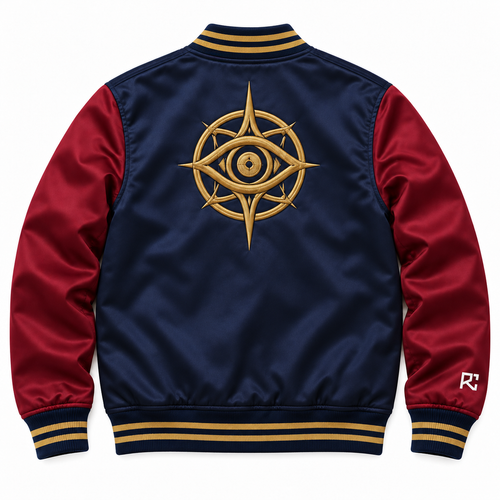 Back design preview of the Riz Core Arcane Eye varsity jacket in navy and burgundy