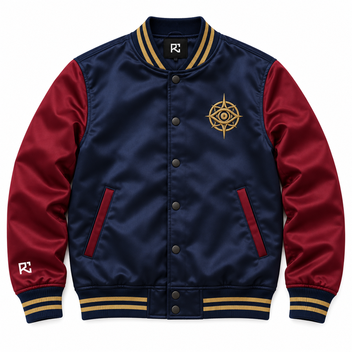 Front design preview of the Riz Core Arcane Eye varsity jacket in navy and burgundy