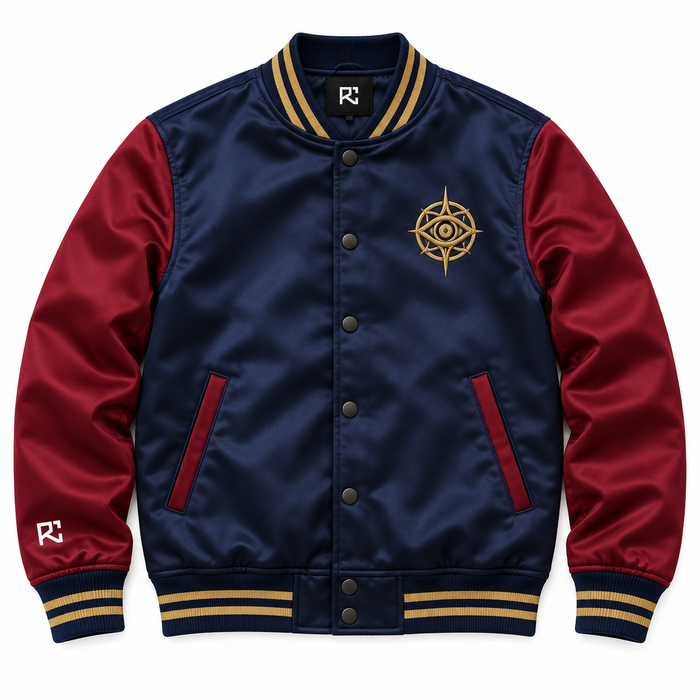 Front design preview of the Riz Core Arcane Eye varsity jacket in navy and burgundy