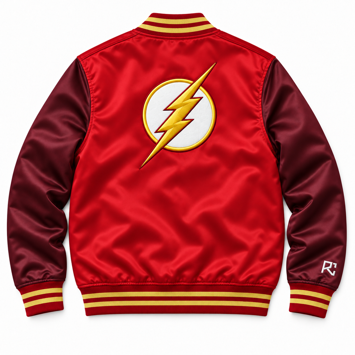 Back design preview of the Riz Core Voltline varsity jacket in red and burgundy