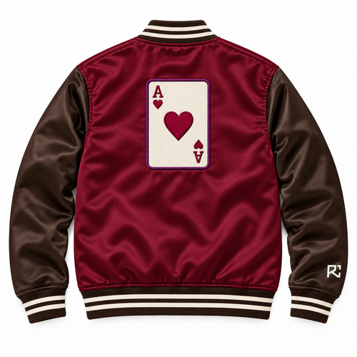 Back design preview of the Riz Core Ace of Hearts varsity jacket in burgundy and brown