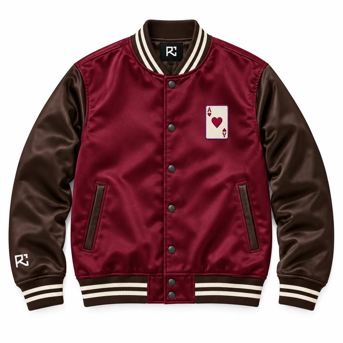 Front design preview of the Riz Core Ace of Hearts varsity jacket in burgundy and brown