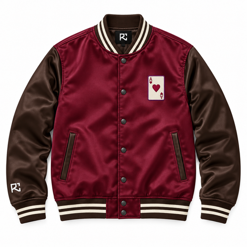 Front design preview of the Riz Core Ace of Hearts varsity jacket in burgundy and brown