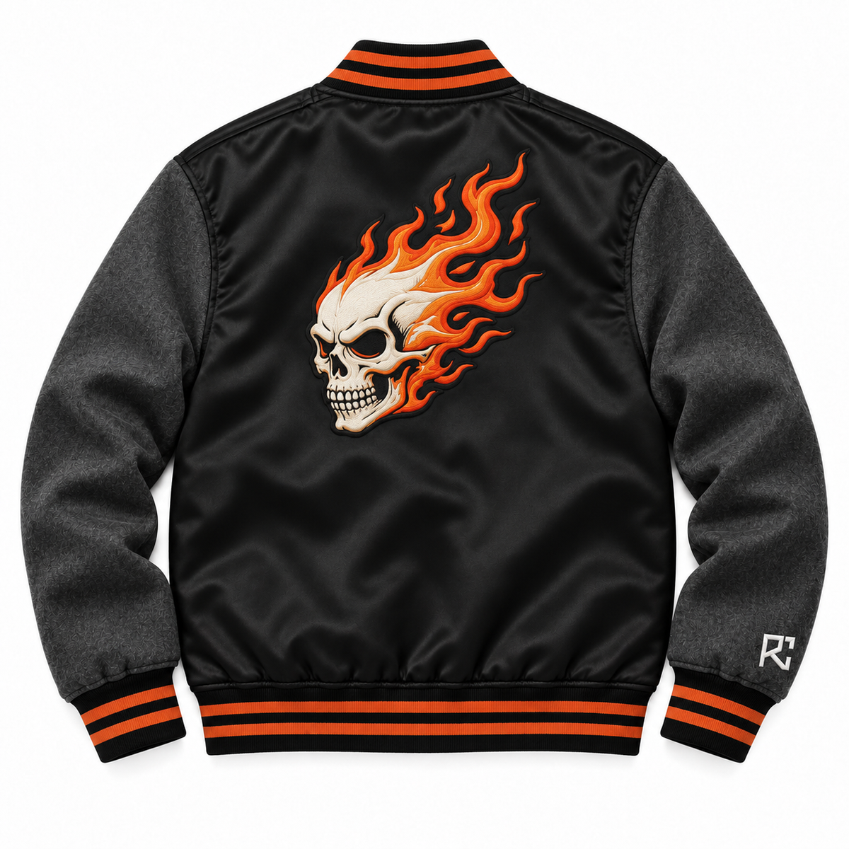 Back design preview of the Riz Core Ember Skull varsity jacket in black and orange