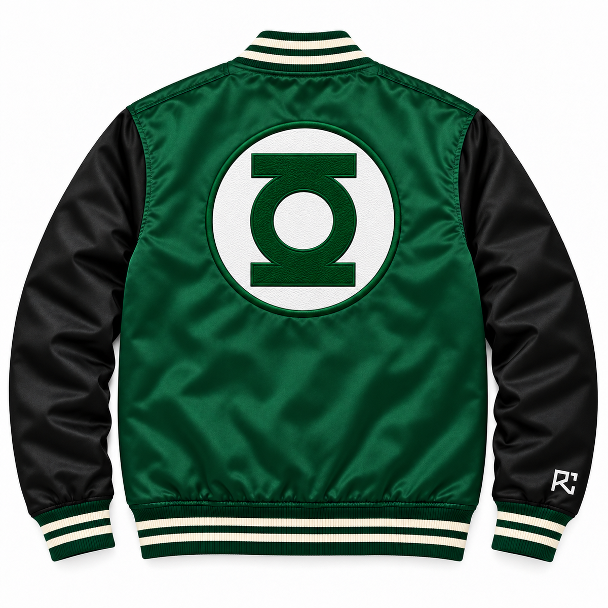 Back design preview of the Riz Core Emerald Beacon varsity jacket in green and black