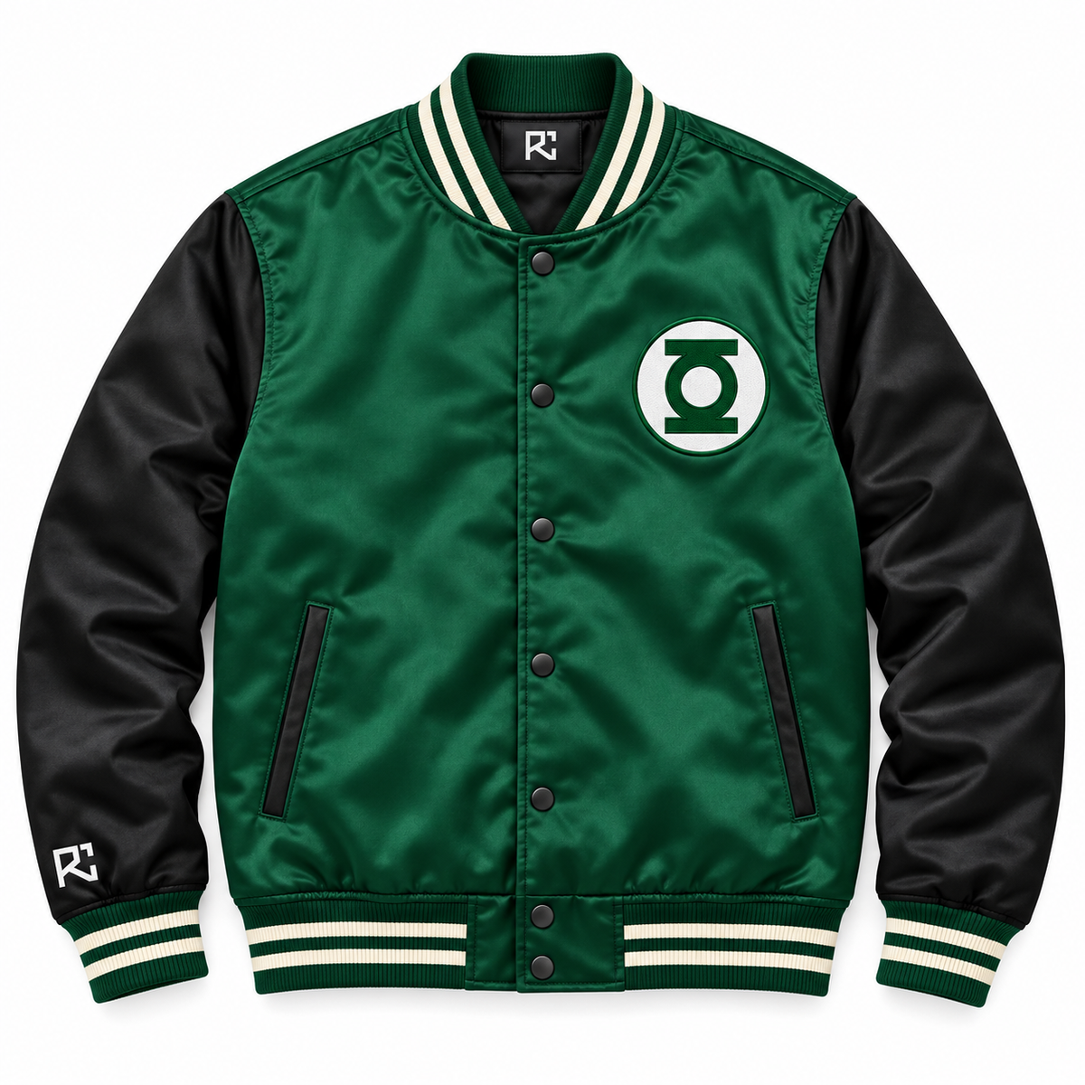 Front design preview of the Riz Core Emerald Beacon varsity jacket in green and black