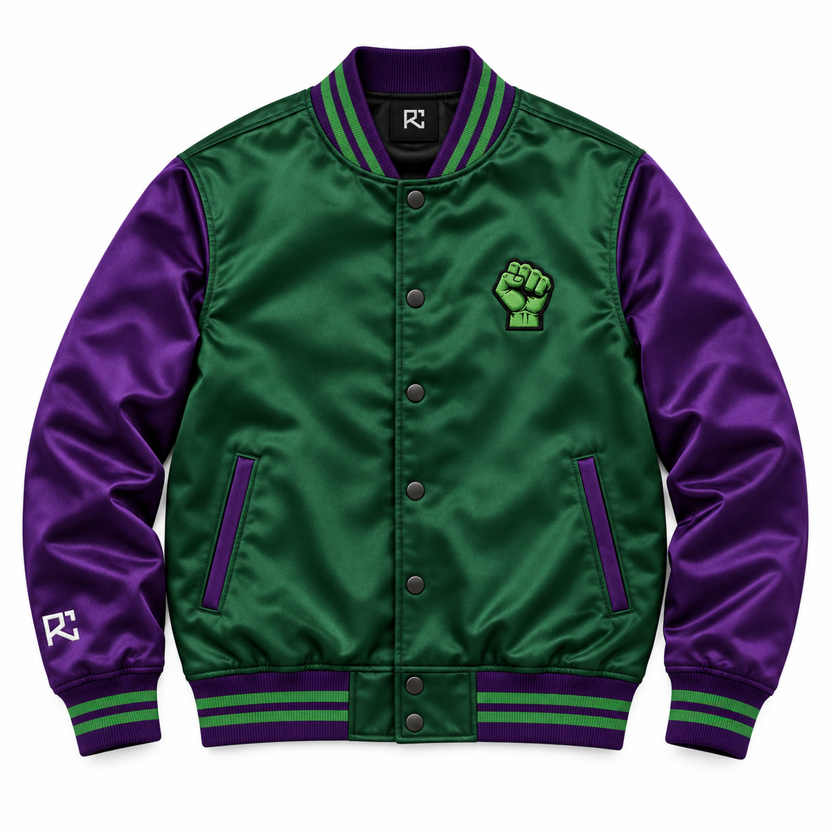 Front design preview of the Riz Core Jade Fist varsity jacket in green and purple