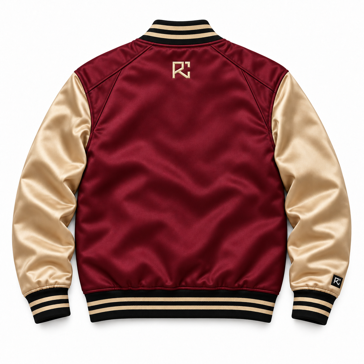 Back design preview of the Riz Core Champagne Forge varsity jacket in burgundy and gold