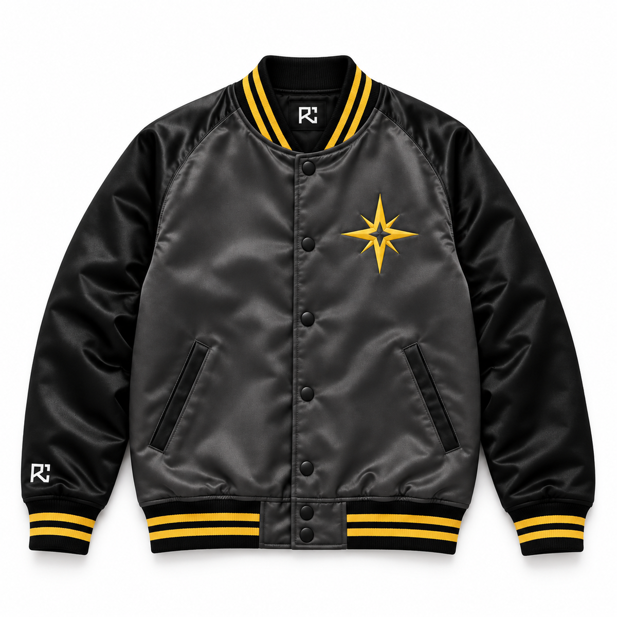 Front design preview of Riz Core Midnight Hero charcoal and black varsity jacket with yellow compass emblem