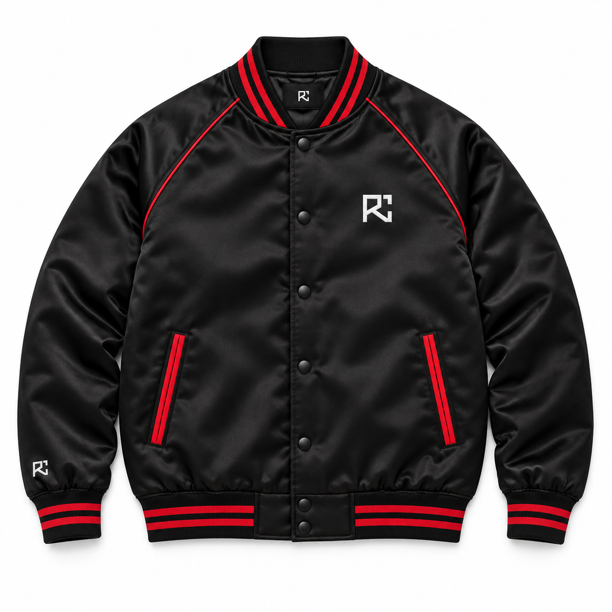 Front design preview of the Riz Core Redline Noir varsity jacket in black and red