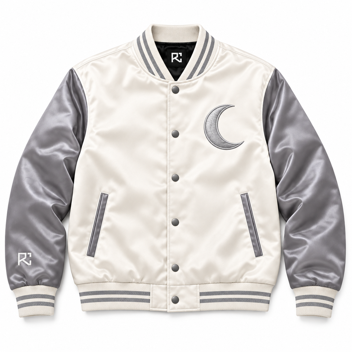 Front design preview of the Riz Core Lunar Crescent varsity jacket in ivory and silver