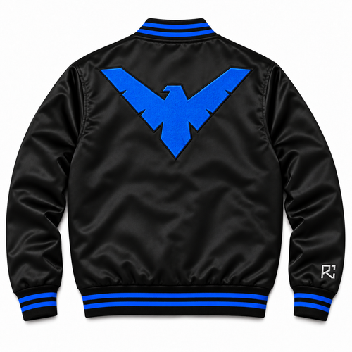 Back design preview of the Riz Core Azure Wing varsity jacket in black and blue