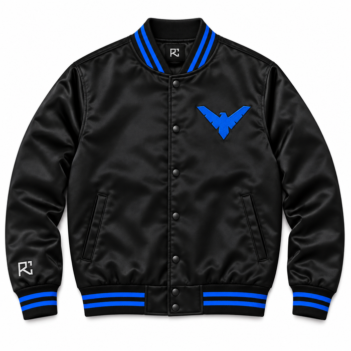 Front design preview of the Riz Core Azure Wing varsity jacket in black and blue