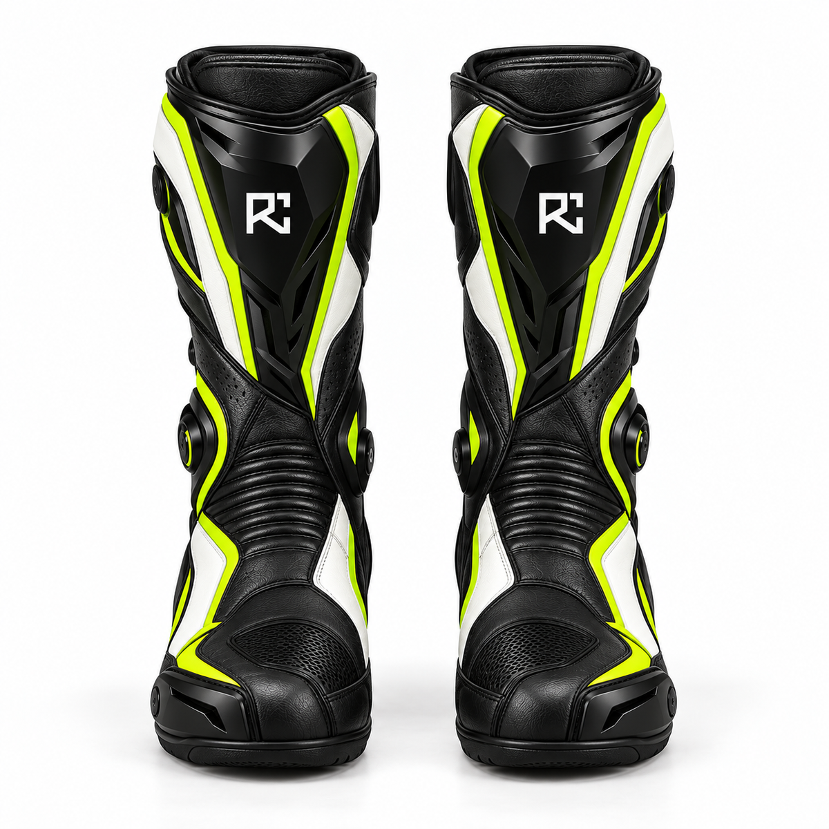 Riz Core Pulse motorcycle boots in Black, Lime & White, front design preview