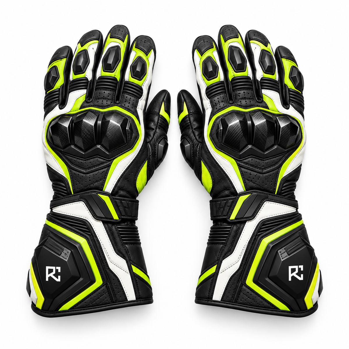 Riz Core Pulse motorcycle gloves in Black, Lime & White, knuckle design preview