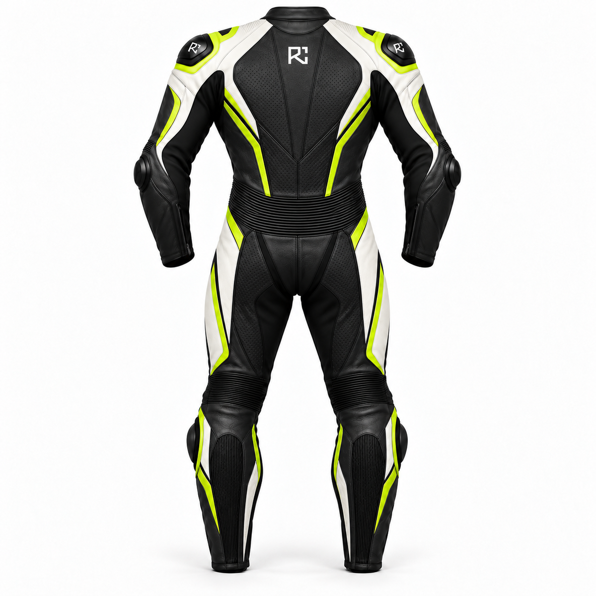 Riz Core Pulse motorcycle suit in Black, Lime & White, back design preview