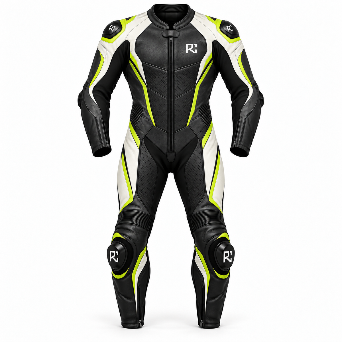 Riz Core Pulse motorcycle suit in Black, Lime & White, front design preview