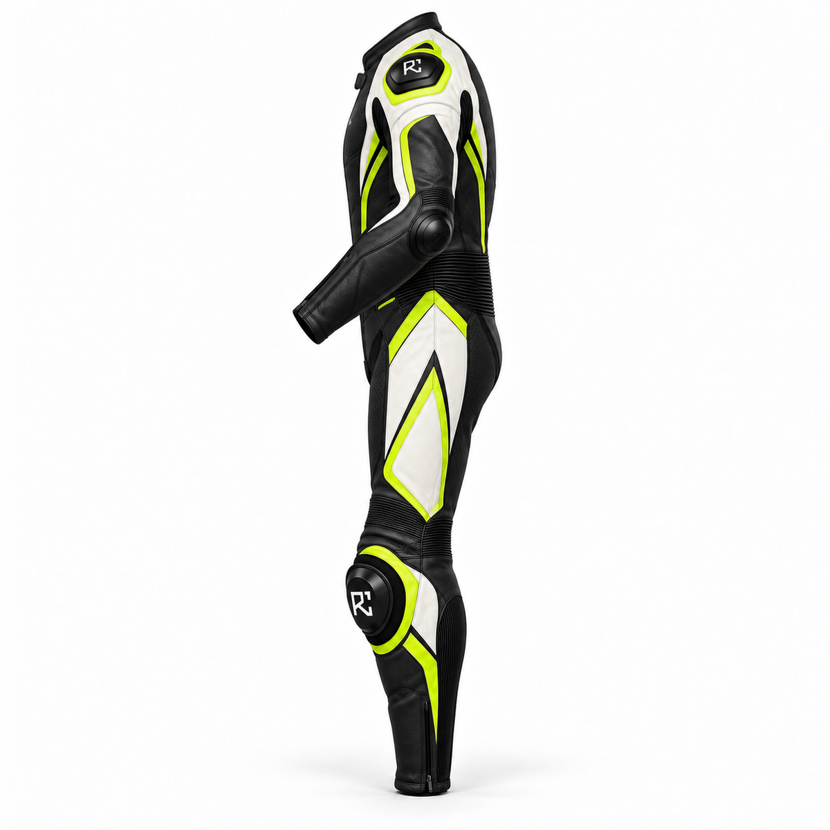 Riz Core Pulse motorcycle suit in Black, Lime & White, side design preview