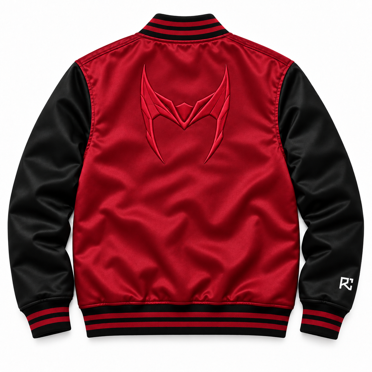 Back design preview of the Riz Core Crimson Crown varsity jacket in crimson and black