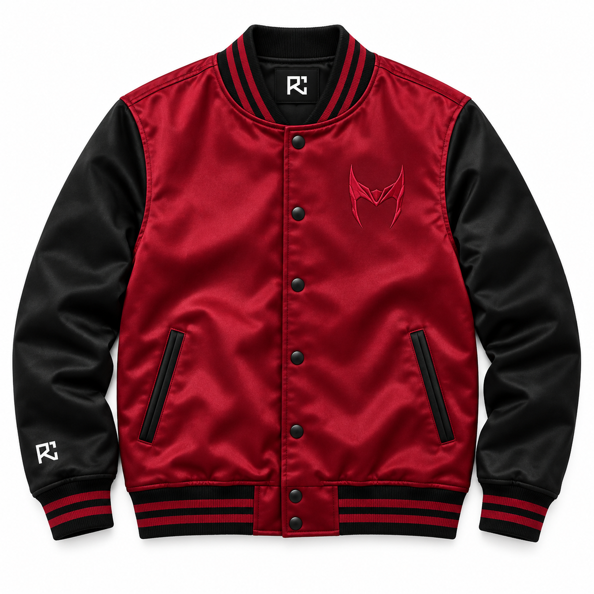 Front design preview of the Riz Core Crimson Crown varsity jacket in crimson and black