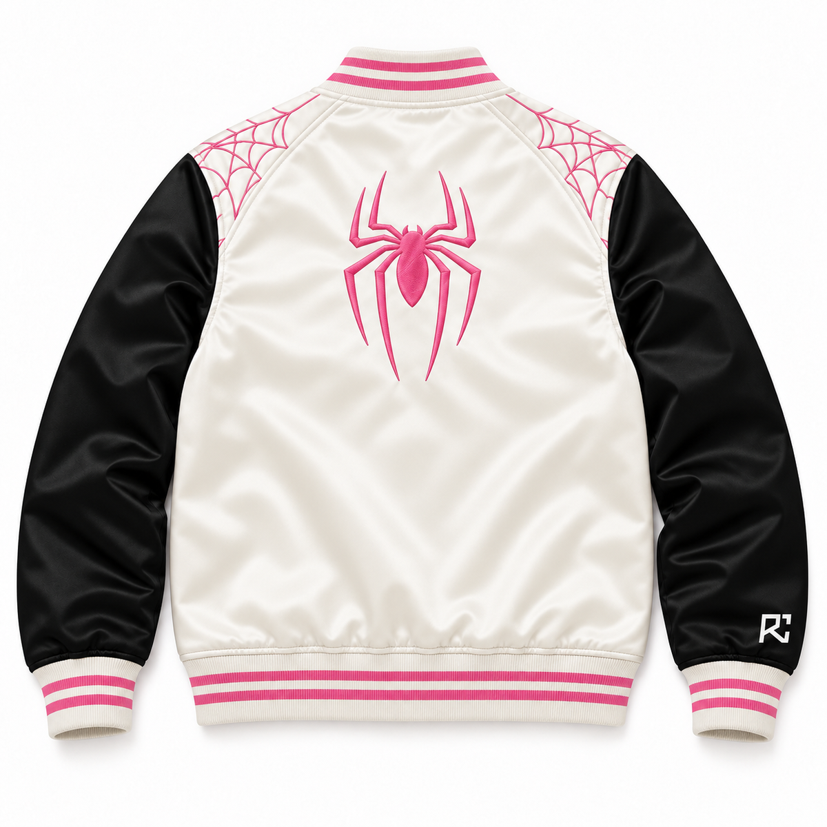 Back design preview of the Riz Core Blush Web varsity jacket in ivory and pink