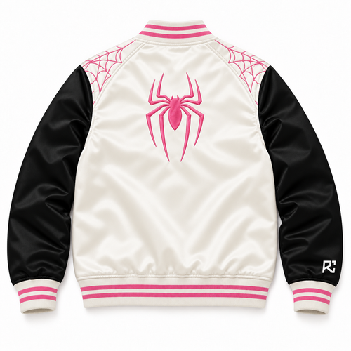 Back design preview of the Riz Core Blush Web varsity jacket in ivory and pink