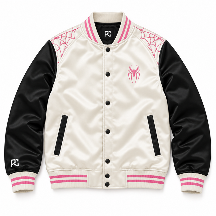 Front design preview of the Riz Core Blush Web varsity jacket in ivory and pink